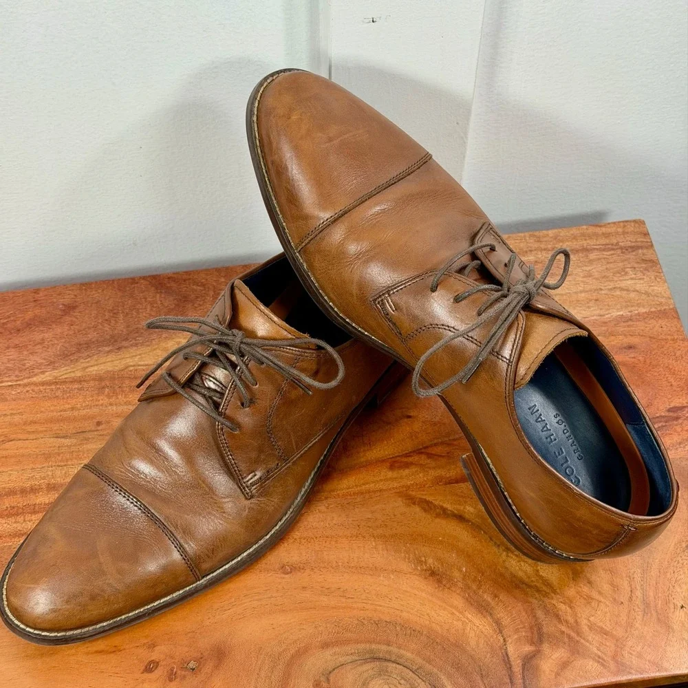 Cole Haan Mens Cap Toe Oxford Dress Shoes Brown Leather Lace Up Grand OS Sz 11 M